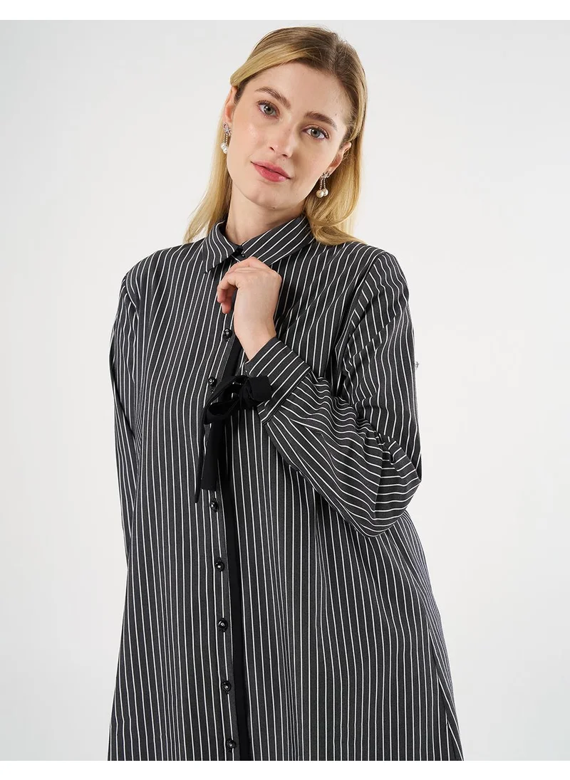 Kayra Drawstring Striped Pattern Tunic Black