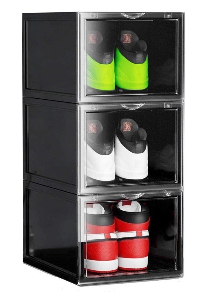 1Chase - 3 Pcs Stackable Shoe Storage Box Black Front Open - Image 1