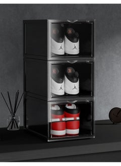 1Chase 3 Pcs Stackable Shoe Storage Box Black Front Open  - Image 4
