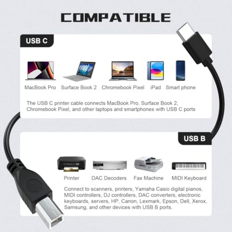 USB B to USB C Printer Cable for MacBook Pro, Air, HP, Epson, Canon, Brother, Lexmark, Xerox, USB C MIDI Cable Compatible with Yamaha Casio Digital Piano, MIDI Keyboard, DJ Controller, DAC, 3.3ft - Image 2