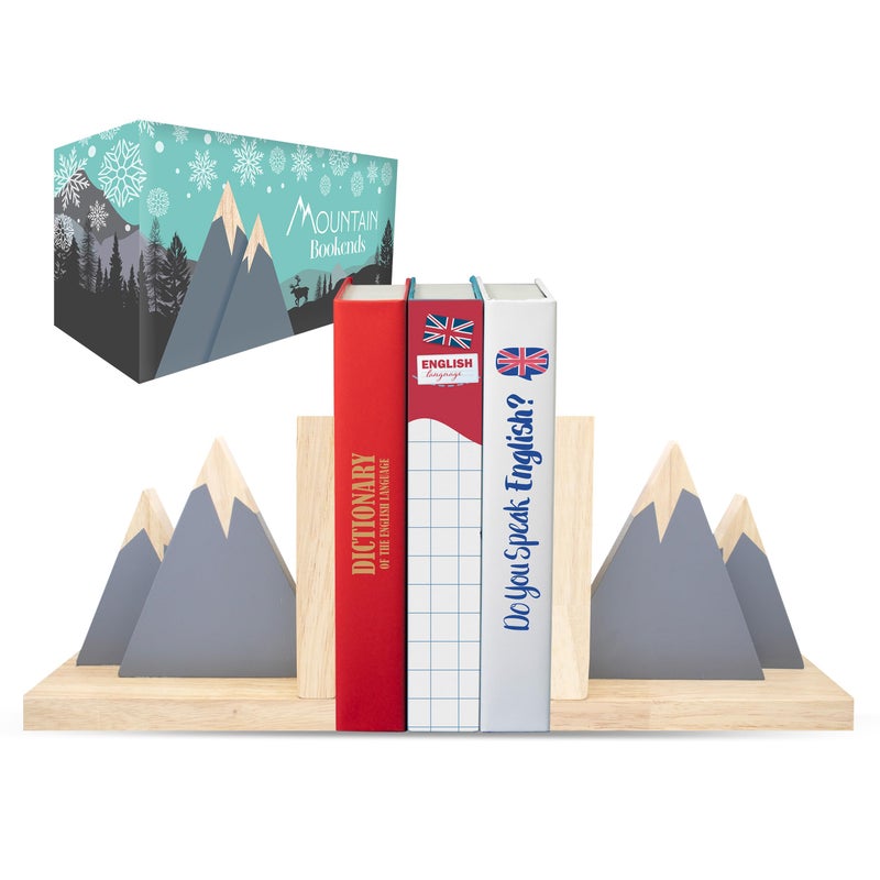 Decorably Gray Mountain Bookends for Kids 1 Set NonSkid Wooden Kids Bookends for Boys Baby Book Ends for Nursery Boy