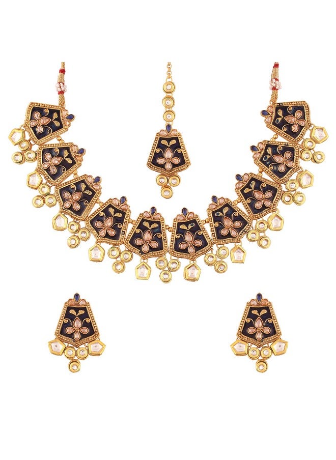 I Jewels I Jewels 18K Gold Plated Kundan Studded Meenakari Bridal Choker Necklace Jewellery Set with Earrings & Maang Tikka for Women (ML134Bl)  - Image 1