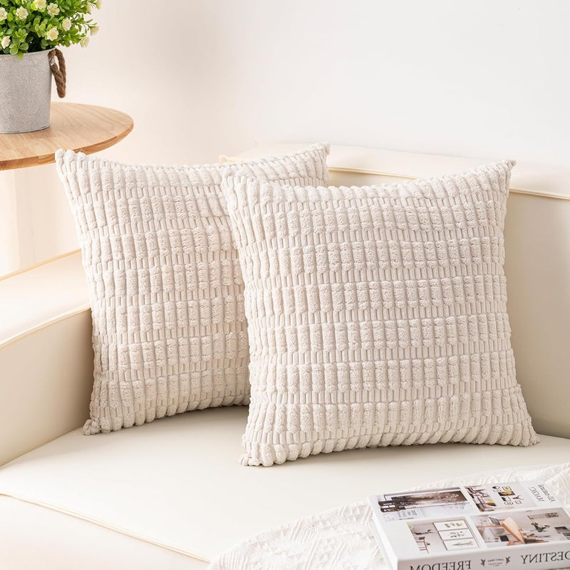 Aegero Pack of 2 Corduroy Decorative Throw Pillow Covers 24x24 InchSoft Striped Pillow Covers Modern Farmhouse Home Decor for Sofa Living Room Couch Bed（Cream White） - Image 1