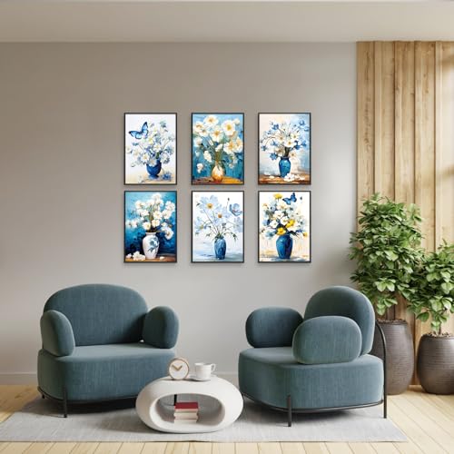 LIIGEMI Flower Wall Art Print -Daisy Oil Painting Decor-Blue White Floral Posters for Room Aesthetic, Vintage Dorm Gallery Wall Decor for College Girls (8"x11" Unframed) - Image 2