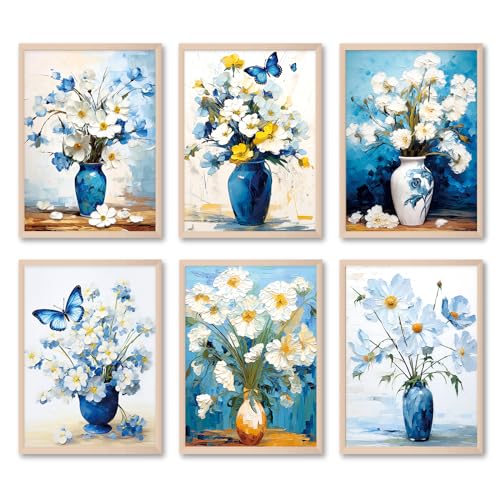 LIIGEMI Flower Wall Art Print -Daisy Oil Painting Decor-Blue White Floral Posters for Room Aesthetic, Vintage Dorm Gallery Wall Decor for College Girls (8"x11" Unframed) - Image 1
