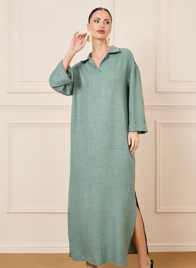 Styli Textured Collared Jalabiya with Side Slit  - Image 2