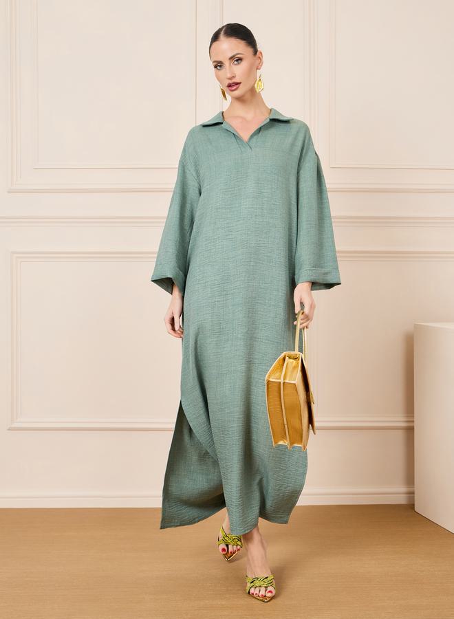 Styli Textured Collared Jalabiya with Side Slit  - Image 1