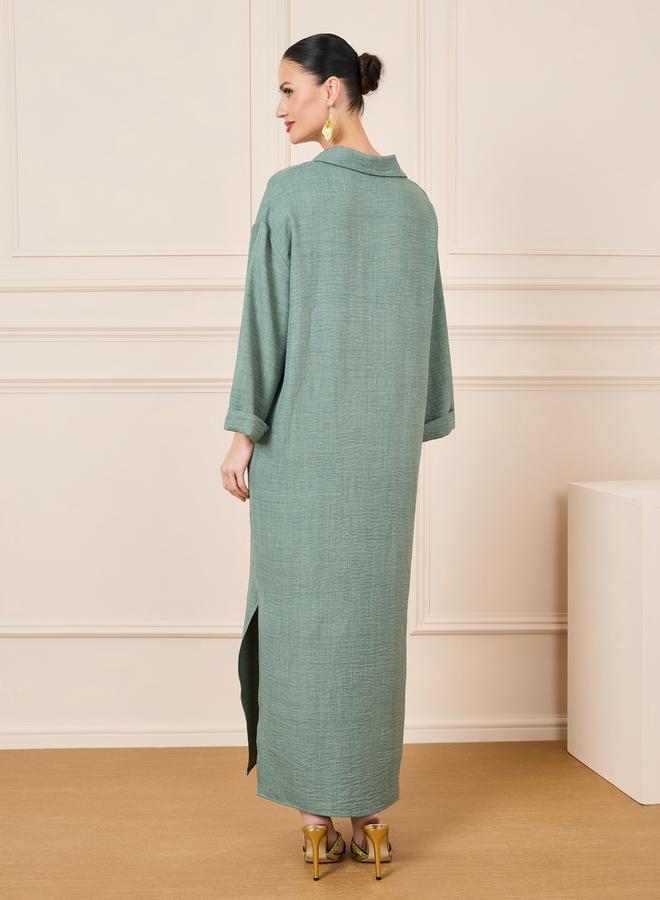 Styli Textured Collared Jalabiya with Side Slit  - Image 4
