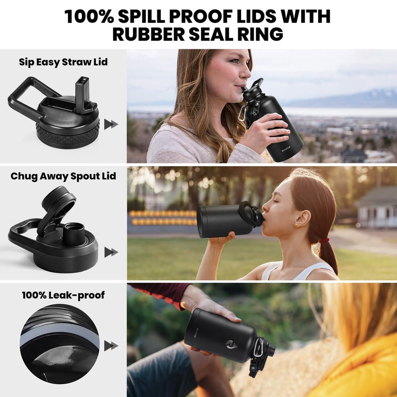 RAYMYLO Insulated Water Bottle 64 oz, Triple Wall Vacuum Stainless Steel (Cold for 48 Hrs), Leak Proof & Non-BPA, Half Gallon Water Flask Jug with Paracord Handle & Straw Spout Lids, Magic Black - Image 3