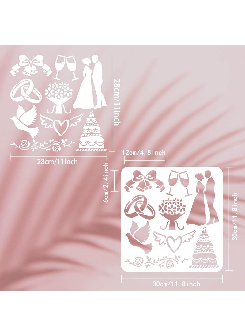 FINGERINSPIRE - FINGERINSPIRE Wedding Stencil 11.8x11.8inch Reusable Bride and Groom Ring Rose Bells Champagne Doves Cake Flowers Love Hearts Drawing Stencil Wedding Theme Stencil for Painting on Wall Wood Furniture - Image 1