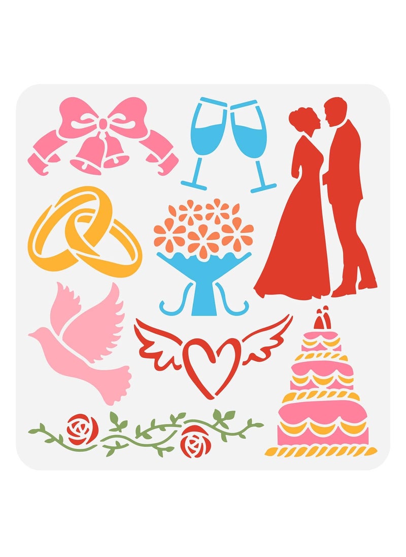 FINGERINSPIRE - FINGERINSPIRE Wedding Stencil 11.8x11.8inch Reusable Bride and Groom Ring Rose Bells Champagne Doves Cake Flowers Love Hearts Drawing Stencil Wedding Theme Stencil for Painting on Wall Wood Furniture - Image 1
