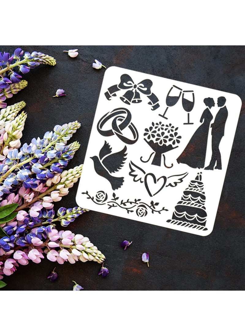 FINGERINSPIRE - FINGERINSPIRE Wedding Stencil 11.8x11.8inch Reusable Bride and Groom Ring Rose Bells Champagne Doves Cake Flowers Love Hearts Drawing Stencil Wedding Theme Stencil for Painting on Wall Wood Furniture - Image 1