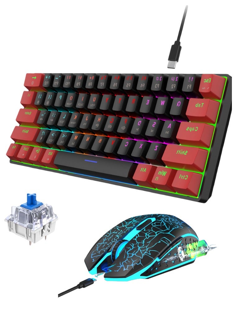 Arabic English 60% Wired Gaming Keyboard Mouse Combo,61 Keys Mechanical Keyboard Blue switch  RGB Gaming Mice Ergonomic Ultralight 8000DPI Optical Sensor,61 Keys RGB Backlit Gaming Keyboard,Ultra-Compact Mini Waterproof Keyboard Keyboard for Gaming Professionals for PC Computer Gamer - Image 1
