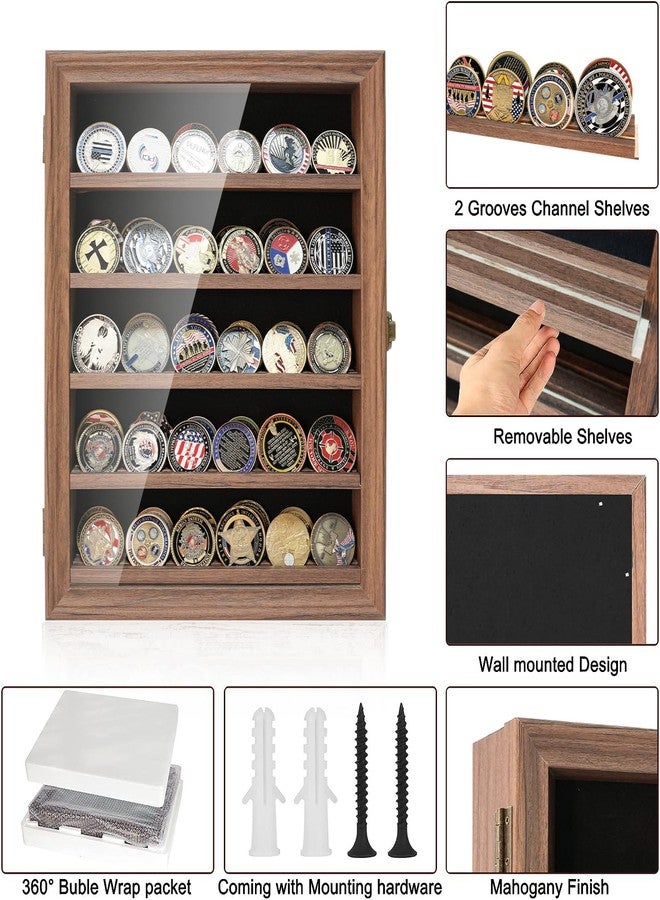 ASmileIndeep Military Challenge Coin Display Case Holder with HD Toughened Glass and Wall Mount, Wooden Coin Stand Rack with Removable 2 Grooves Shelves, Rustic Brown… - Image 5
