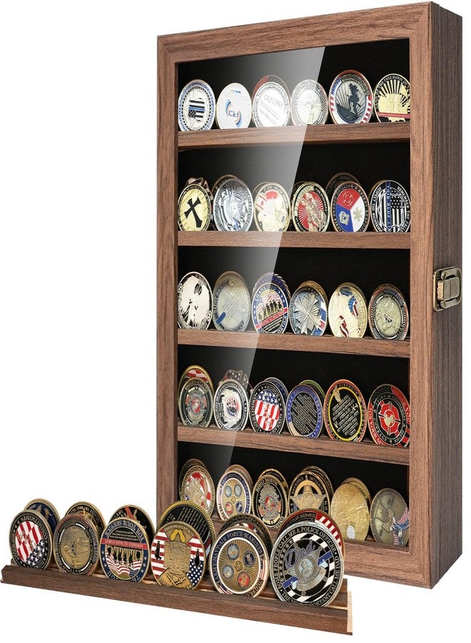 ASmileIndeep Military Challenge Coin Display Case Holder with HD Toughened Glass and Wall Mount, Wooden Coin Stand Rack with Removable 2 Grooves Shelves, Rustic Brown… - Image 1