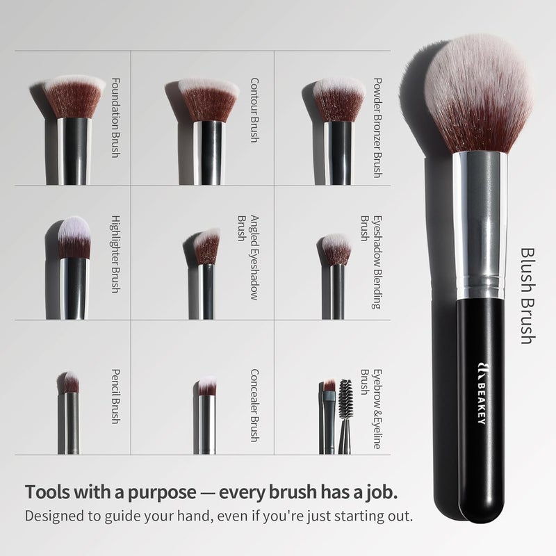 BEAKEY Makeup Brushes Set Premium Foundation Concealer Blush Bronzer Eye Shadow 10+2 PCS Brushes & Blender Sponges with Portable Makeup Bag - Image 3