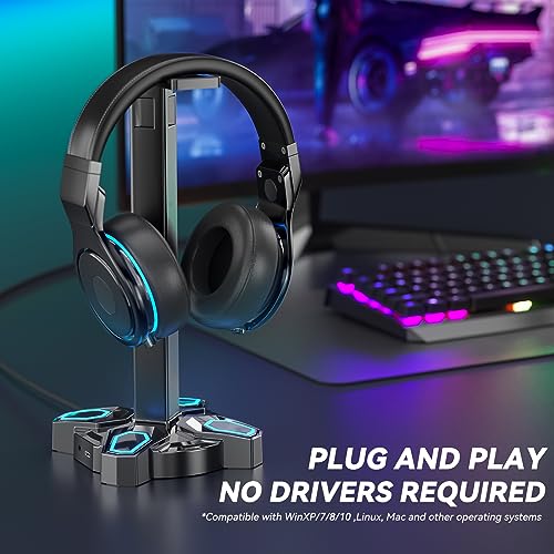 KDD Gaming Headphones Stand Rotatable Headset Stand with Light Modes Controller Holder with 2 USB Charging Ports and 35mm Earphone Hanger Accessories for Desktop GamerBlack - Image 3