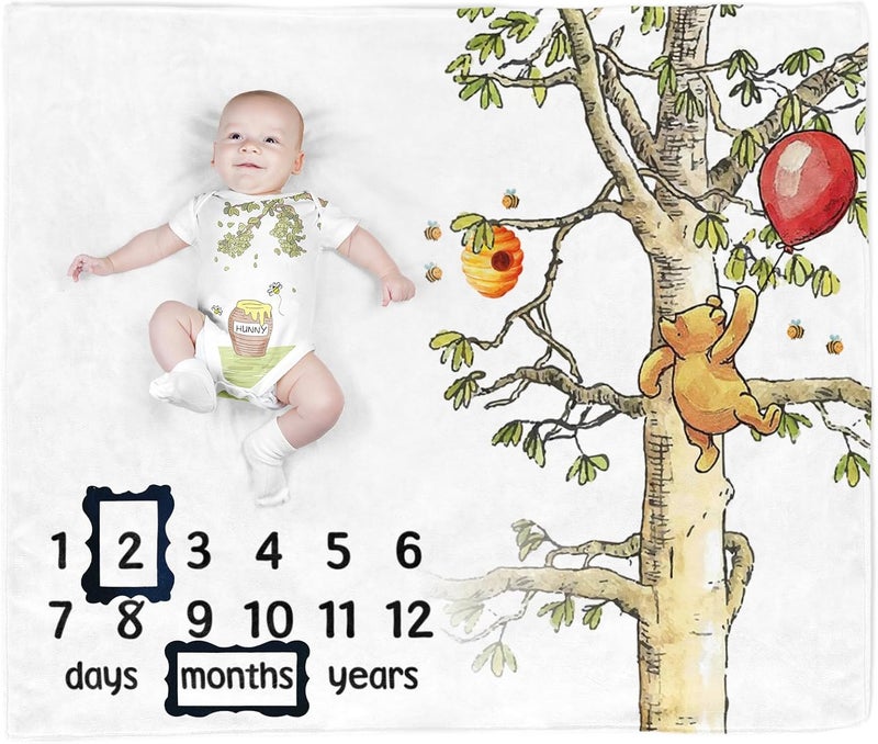 PAMBO The Winnie Bear and Honey Baby Monthly Milestone Blanket Gift Stuff for Newborn Baby Boy  Girl Photo Taken  Age Blanket with 2 Frame - Image 1
