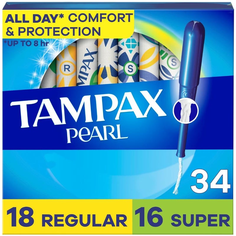 Tampax تامباكس بيرل تامبون للنساء عبوة متعددة، مع ضفيرة حامية ضد التسرب، امتصاص عادي/فائق، بدون رائحة، 34 قطعة - Image 1