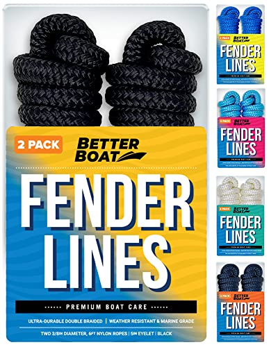 Better Boat خطوط واقيات القوارب، حبل نايلون مزدوج الضفائر 3/8 بوصة، 6 قدم مع حلقة، عبوتين، أسود، للمراسي، ربط الجت سكي، رصيف وربطات القوارب الصغيرة - Image 1