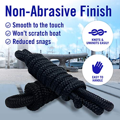 Better Boat خطوط واقيات القوارب، حبل نايلون مزدوج الضفائر 3/8 بوصة، 6 قدم مع حلقة، عبوتين، أسود، للمراسي، ربط الجت سكي، رصيف وربطات القوارب الصغيرة - Image 5
