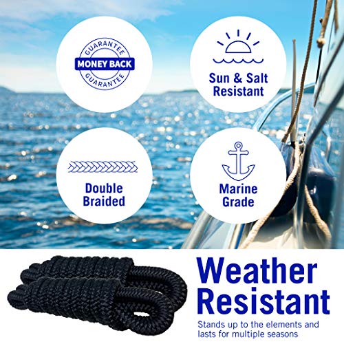 Better Boat خطوط واقيات القوارب، حبل نايلون مزدوج الضفائر 3/8 بوصة، 6 قدم مع حلقة، عبوتين، أسود، للمراسي، ربط الجت سكي، رصيف وربطات القوارب الصغيرة - Image 3