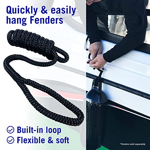 Better Boat خطوط واقيات القوارب، حبل نايلون مزدوج الضفائر 3/8 بوصة، 6 قدم مع حلقة، عبوتين، أسود، للمراسي، ربط الجت سكي، رصيف وربطات القوارب الصغيرة - Image 2