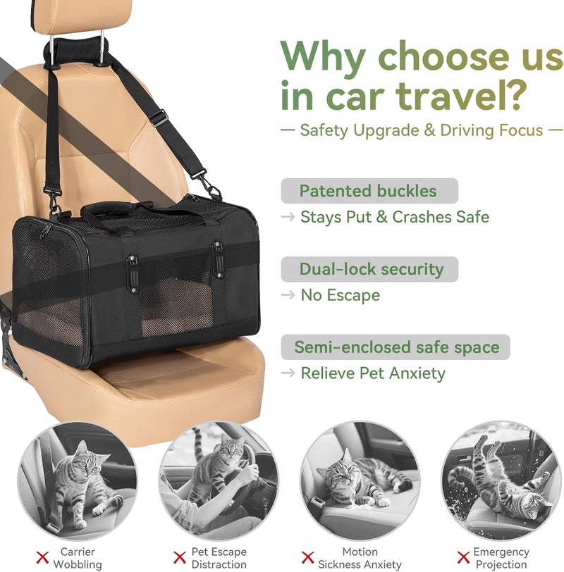 Petsfit Small Dog Travel Carrier, Large Cat Carrier with Patented Buckle and Soft Padding, Soft-sided Pet Carrier for Puppy, Ideal for Car Road Trips Up to 20 Lbs,Black - Image 2