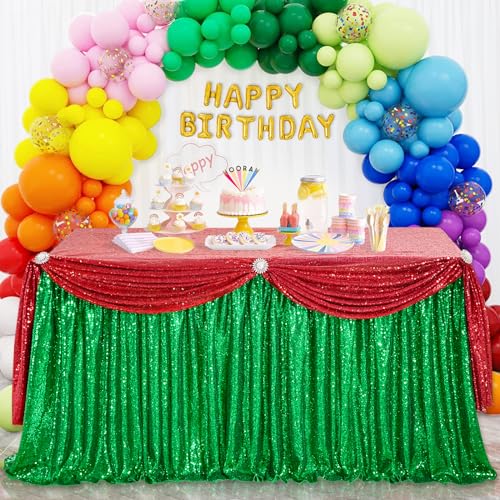 QueenDream 9ft Green Table Skirts for Rectangle Sequin Table Cloth Glitter Table Skirt for Birthday Wedding Bridal Green Theme Party - Image 5