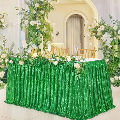 QueenDream 9ft Green Table Skirts for Rectangle Sequin Table Cloth Glitter Table Skirt for Birthday Wedding Bridal Green Theme Party - Image 1