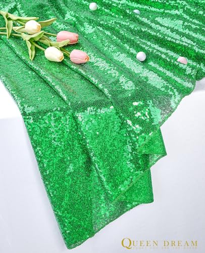QueenDream 9ft Green Table Skirts for Rectangle Sequin Table Cloth Glitter Table Skirt for Birthday Wedding Bridal Green Theme Party - Image 2