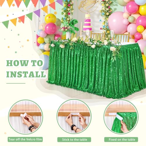 QueenDream 9ft Green Table Skirts for Rectangle Sequin Table Cloth Glitter Table Skirt for Birthday Wedding Bridal Green Theme Party - Image 4