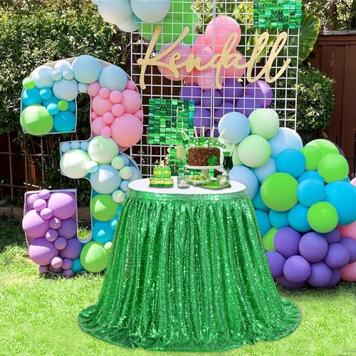 QueenDream 9ft Green Table Skirts for Rectangle Sequin Table Cloth Glitter Table Skirt for Birthday Wedding Bridal Green Theme Party - Image 3