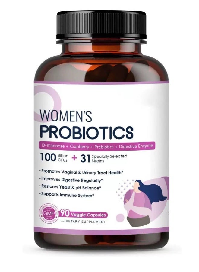 Probiotics بروبيوتيك للنساء، 90 كبسولة، 100 مليار وحدة تشكيل مستعمرات، 31 سلالة، مع بروبيوتيك عضوي من التوت البري، دعم للجهاز الهضمي والمناعي، مستقر على الرف، إطلاق مؤجل، خالي من الصويا والغلوتين ومنتجات الألبان. - Image 1