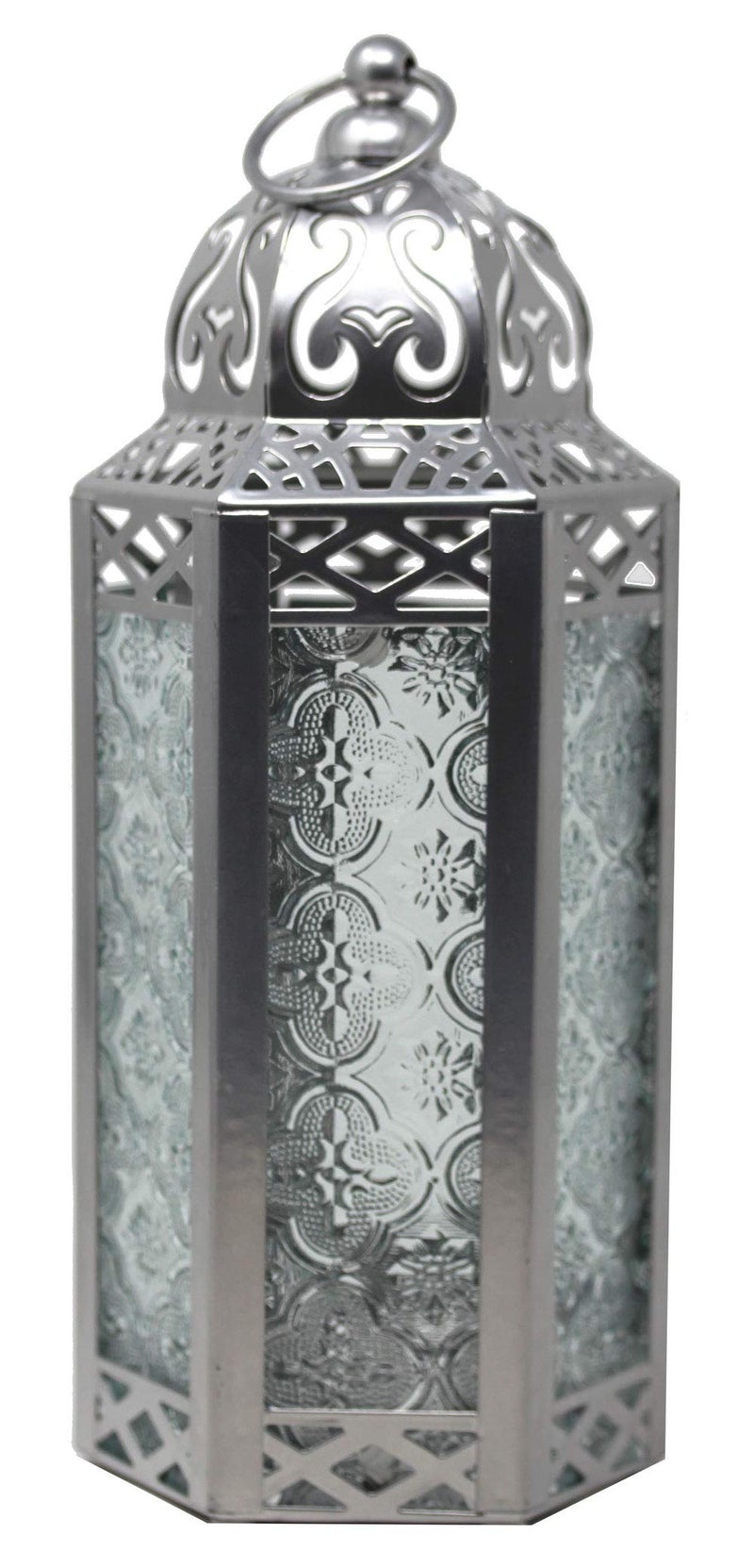 VELA LANTERNS Moroccan Candle Lantern Decorative Candle Holder Lamp for Table or Hanging Ramadan Decorations Indoor Home Decor Outdoor Patio or Porch Weddings Silver Metal Clear Glass Medium