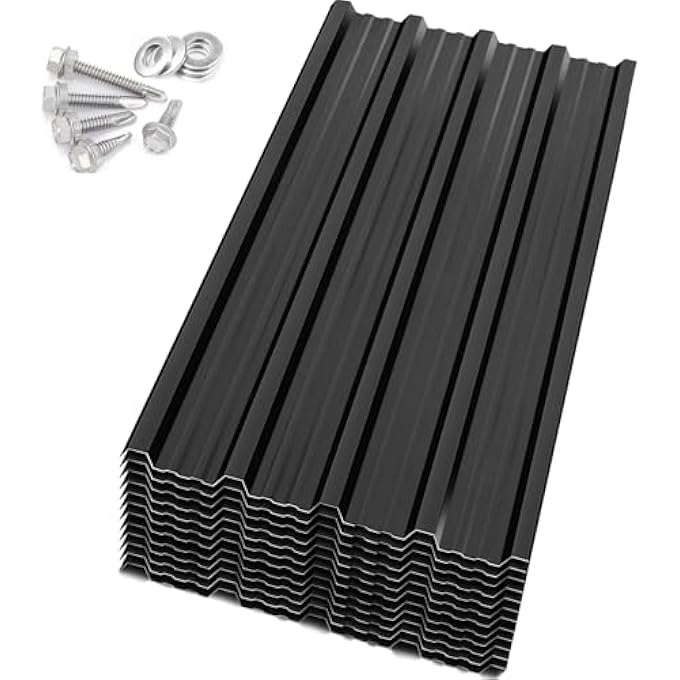 ألواح سقف معدنية 42.52 × 16.77 بوصة 10 قطع من الصلب المجلفن ألواح سقف مموجة غطاء قبة حدائق، أسود - Image 1