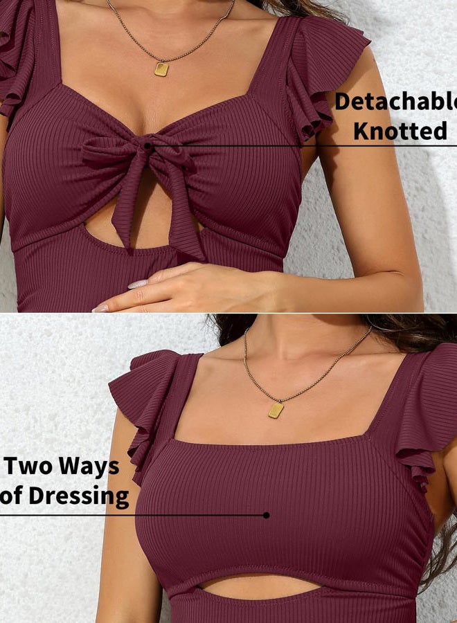 Charmo Maternity One-Piece Swimsuits Tie Knot Pregnancy Bathing Suits Modest Ribbed Swimwear Red - Image 4