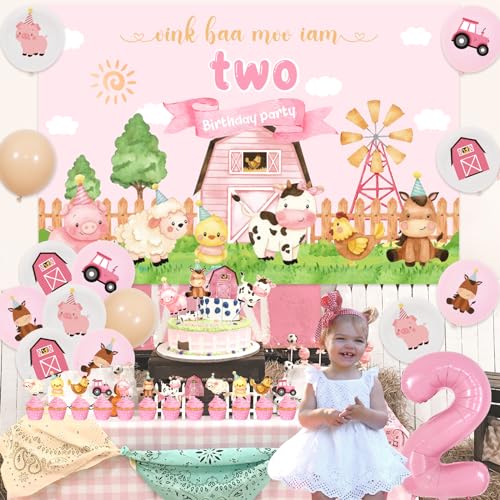 Funmemoir Farm 2nd Birthday Decorations for Girl Oink Baa Moo Im Two Backdrop Banner Farm Animal Cake Topper Cupcake Toppers Balloons Pink Farm Moo Moo I Am Two Barnyard Birthday Party Supplies - Image 5