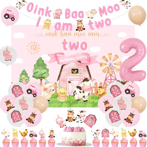 Funmemoir Farm 2nd Birthday Decorations for Girl Oink Baa Moo Im Two Backdrop Banner Farm Animal Cake Topper Cupcake Toppers Balloons Pink Farm Moo Moo I Am Two Barnyard Birthday Party Supplies - Image 1