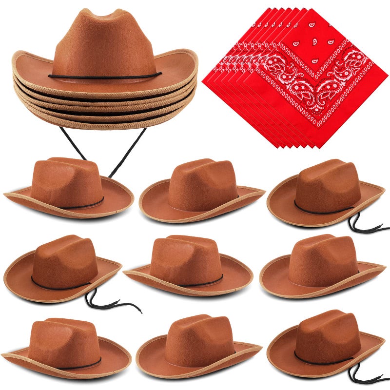 Funtery 20 Pack 10 Sets Kids Cowboy Hat Western Hats with Red Bandanna for Birthday Party Cosplay HalloweenBrown and Red
