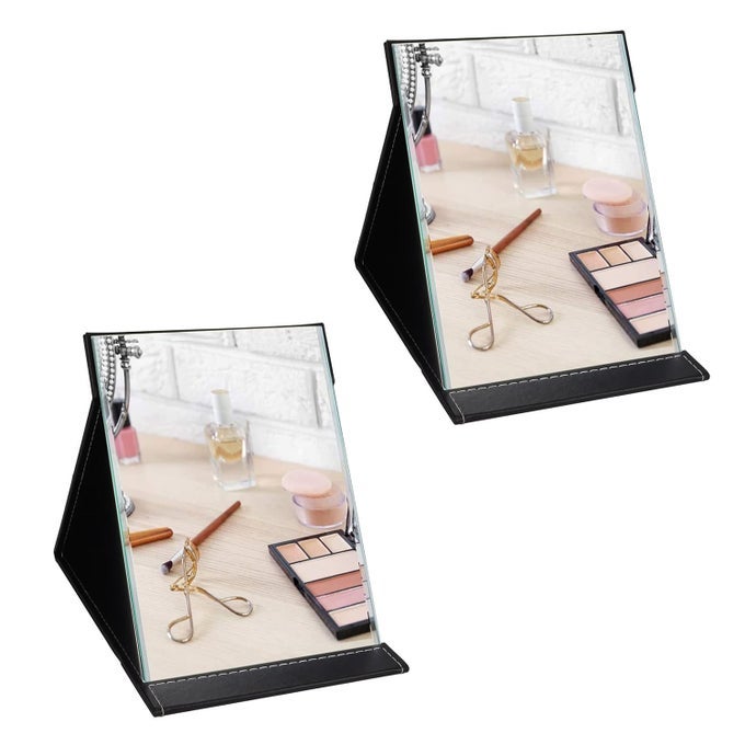 PORTABLE FOLDING MIRROR MAKEUP MIRROR WITH STAND FOR OFFICE DESK VANITY TABLE TRAVEL PACK OF 2 BLACK