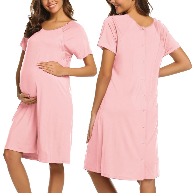 Ekouaer Womens, Cotton Pregnancy Nightgown Nightshirt, Nursing/Labor/Delivery, Maternity Breastfeeding, Short Sleeve Birthing Gown, Plus Size, Pink, Large - Image 1