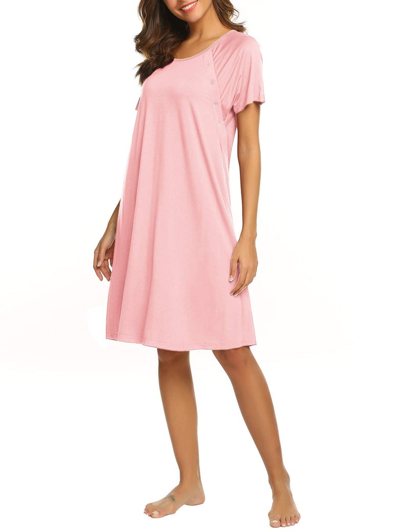 Ekouaer Womens, Cotton Pregnancy Nightgown Nightshirt, Nursing/Labor/Delivery, Maternity Breastfeeding, Short Sleeve Birthing Gown, Plus Size, Pink, Large - Image 4