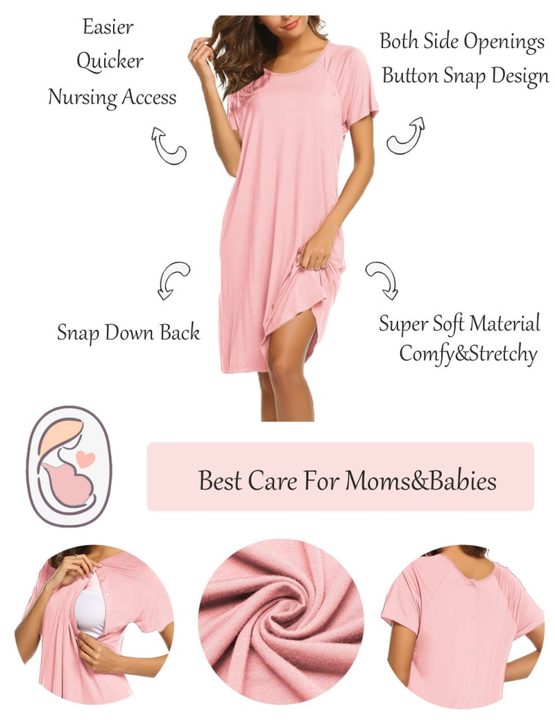Ekouaer Womens, Cotton Pregnancy Nightgown Nightshirt, Nursing/Labor/Delivery, Maternity Breastfeeding, Short Sleeve Birthing Gown, Plus Size, Pink, Large - Image 2