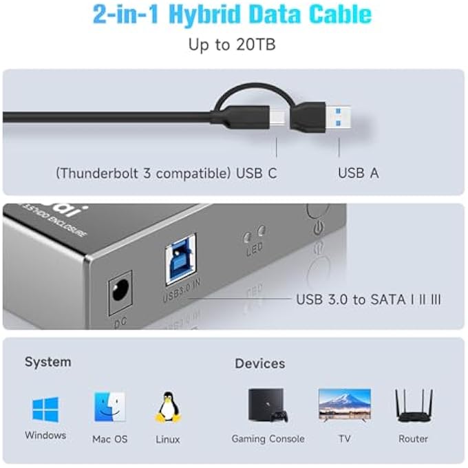 ikuai HARD DRIVE ENCLOSURE 3.5" ALUMINUM USB 3.0 / USB C TO SATA HARD DRIVE DOCK CASE FOR 3.5 INCH INTERNAL HDD & SSD UP TO 20TB - Image 2