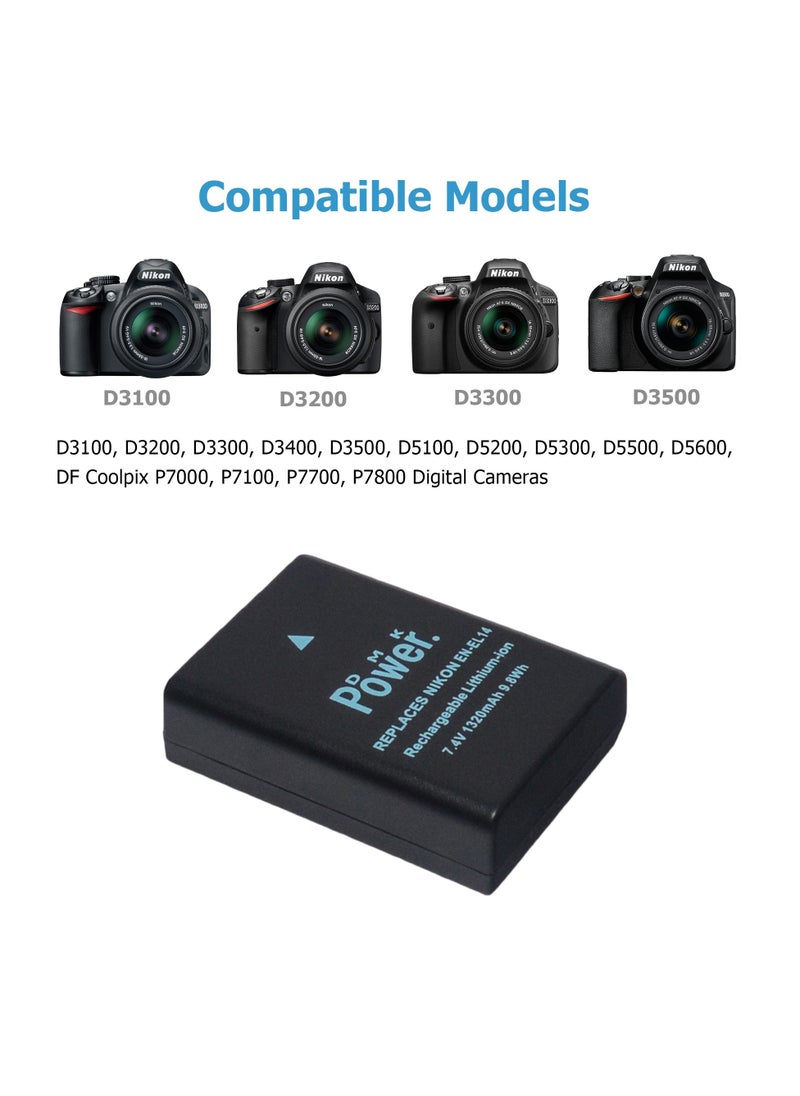 DMK Power - DMK Power EN-EL14 1320mAh Battery & Single Slot USB Battery Charger Compatible with D3100 D3200 D3300 D5100 D5300 P7800 camera battery - Image 1