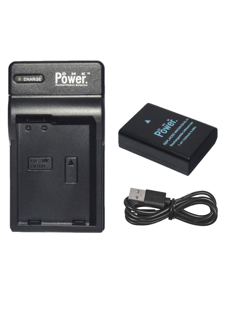 DMK Power - DMK Power EN-EL14 1320mAh Battery & Single Slot USB Battery Charger Compatible with D3100 D3200 D3300 D5100 D5300 P7800 camera battery - Image 1