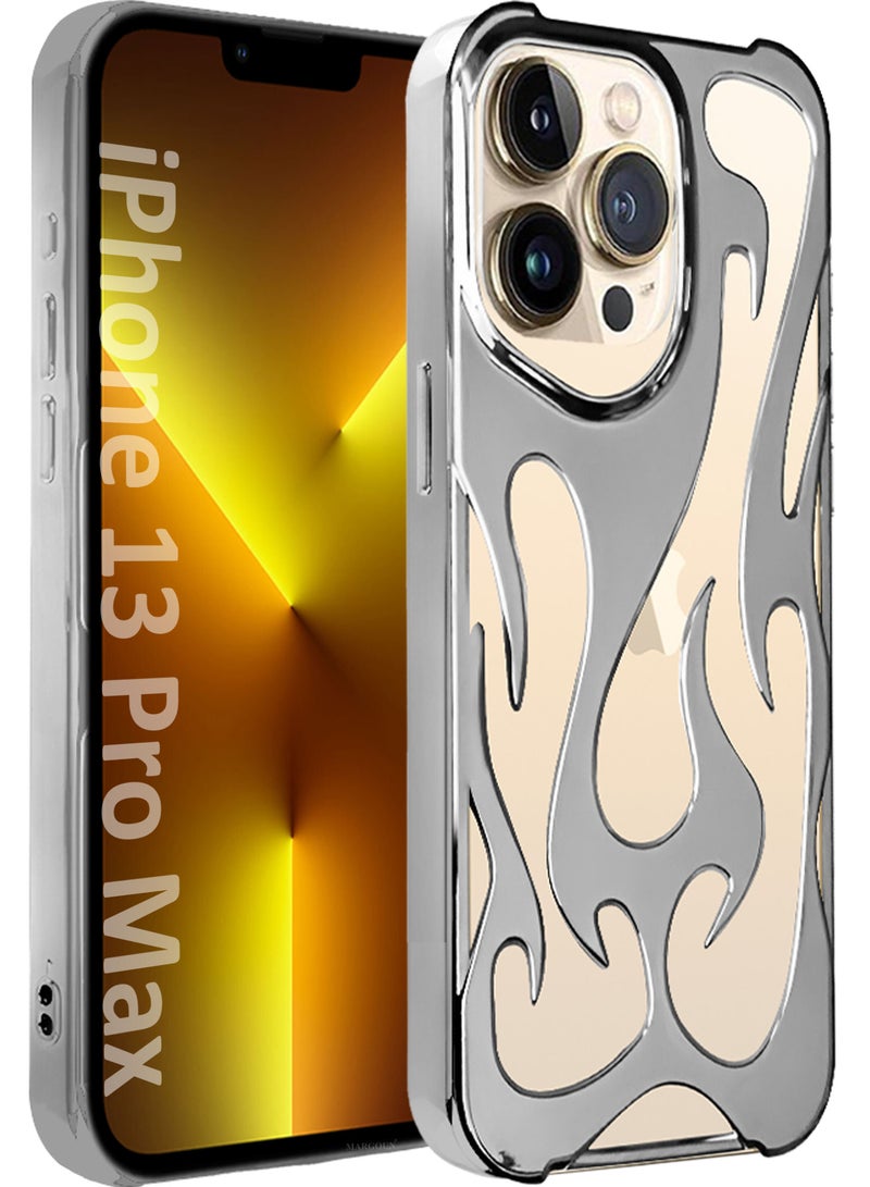 CATANES iPhone 13 Pro Max Case Cover Soft TPU and Glossy with Flame Design - Silver - Image 1