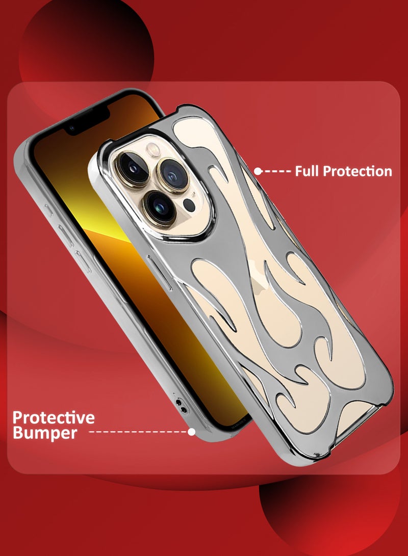 CATANES iPhone 13 Pro Max Case Cover Soft TPU and Glossy with Flame Design - Silver - Image 2