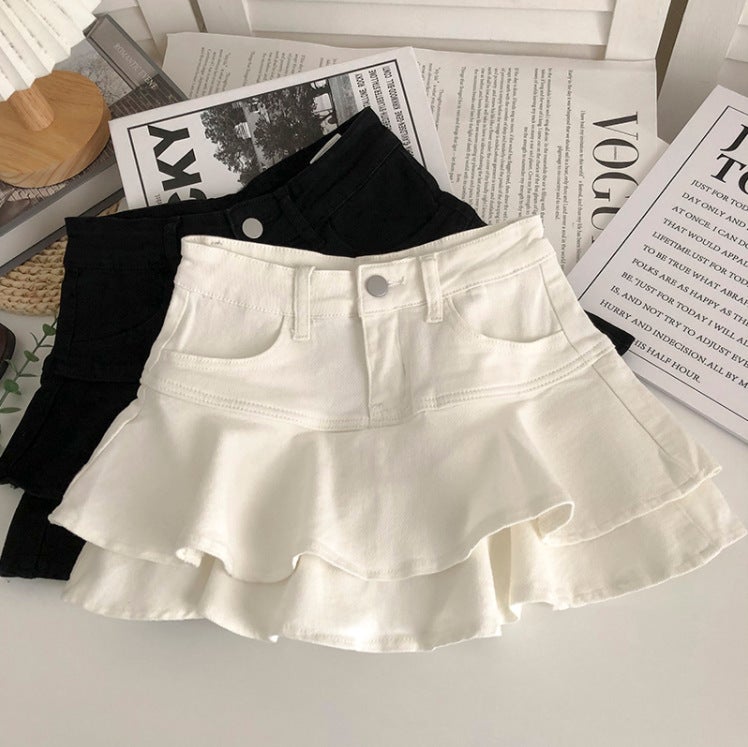 Girls' Double-Layer Ruffled Stretch Denim Short Skirt Korean Style Elastic Waist Anti-Exposure A- Line Skirt - Image 2